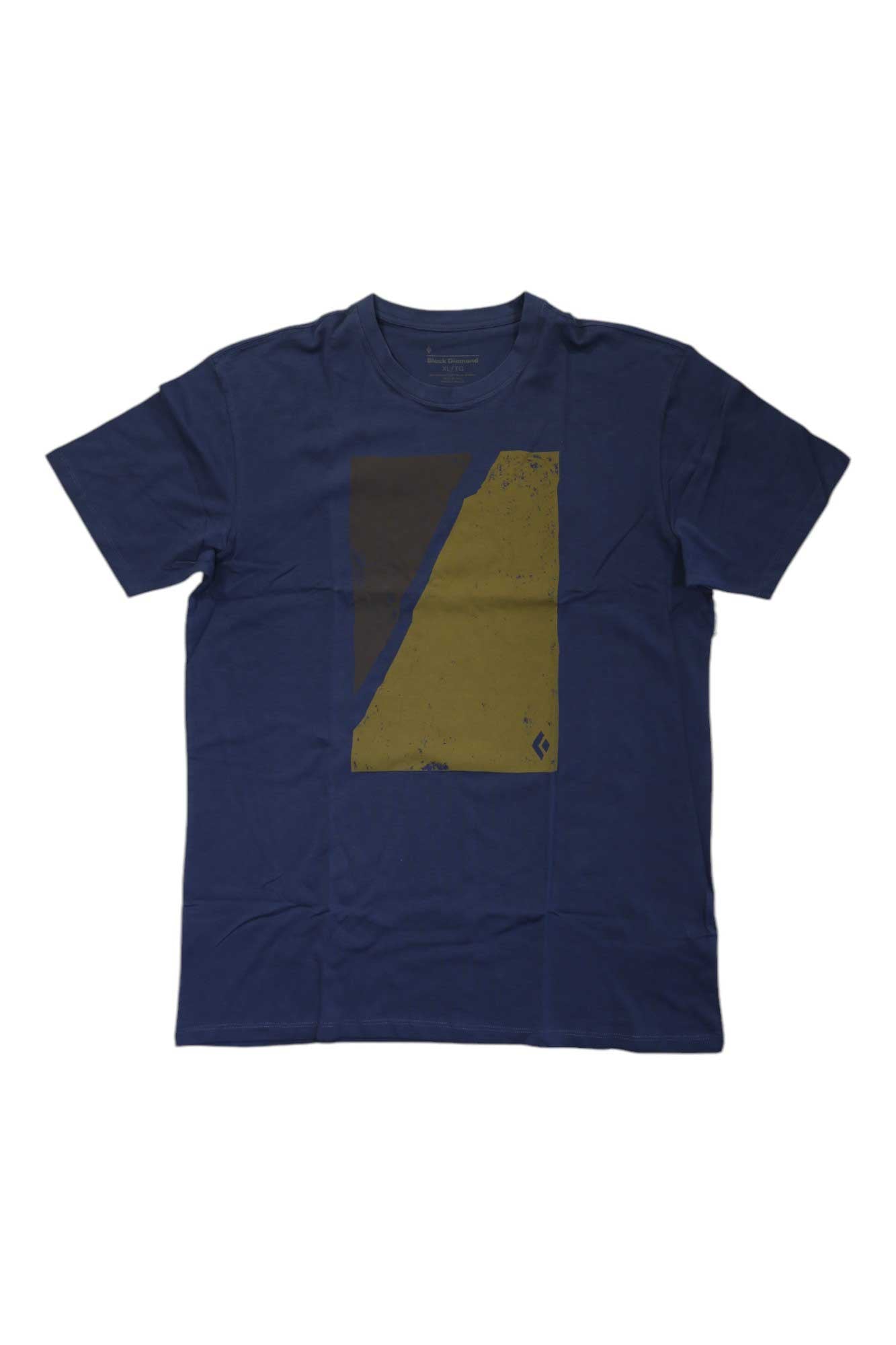 The Black Diamond Men's Block Print Mountain Tee is a navy blue, short-sleeve shirt with a rectangular yellow and dark gray abstract chest graphic. Made from soft organic cotton—perfect for outdoor and climbing enthusiasts.