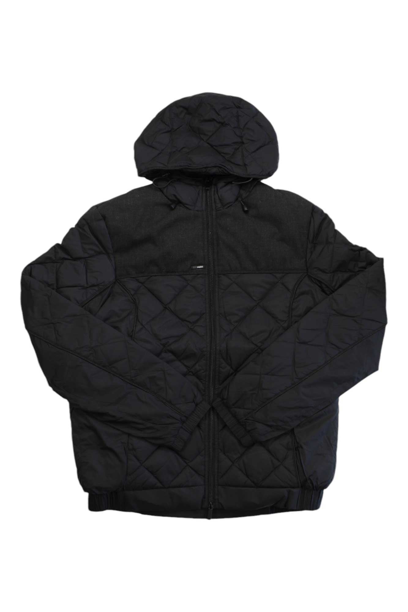 The Nobis Men's Elroy Quilted Hooded Jacket features a black waterproof design with a front zipper, subtle texture, padding for warmth, elastic cuffs and hem for a snug fit, long sleeves, and a comfortable hood.