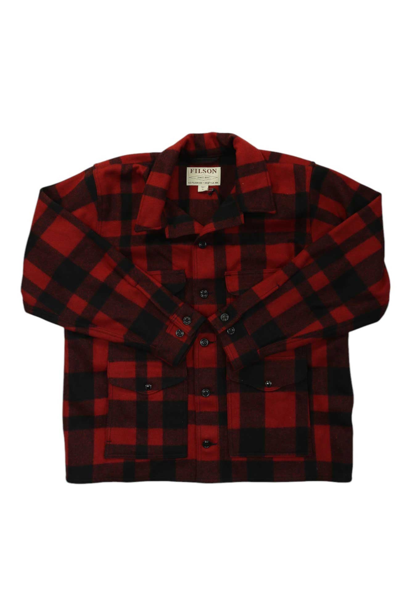 The Filson Men's Mackinaw Cruiser Jacket features a red and black plaid wool design, button front, two chest and two lower pockets, crossed sleeves in front, and a FILSON label inside the collar.