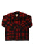 The Filson Men's Mackinaw Cruiser Jacket features a red and black plaid wool design, button front, two chest and two lower pockets, crossed sleeves in front, and a FILSON label inside the collar.