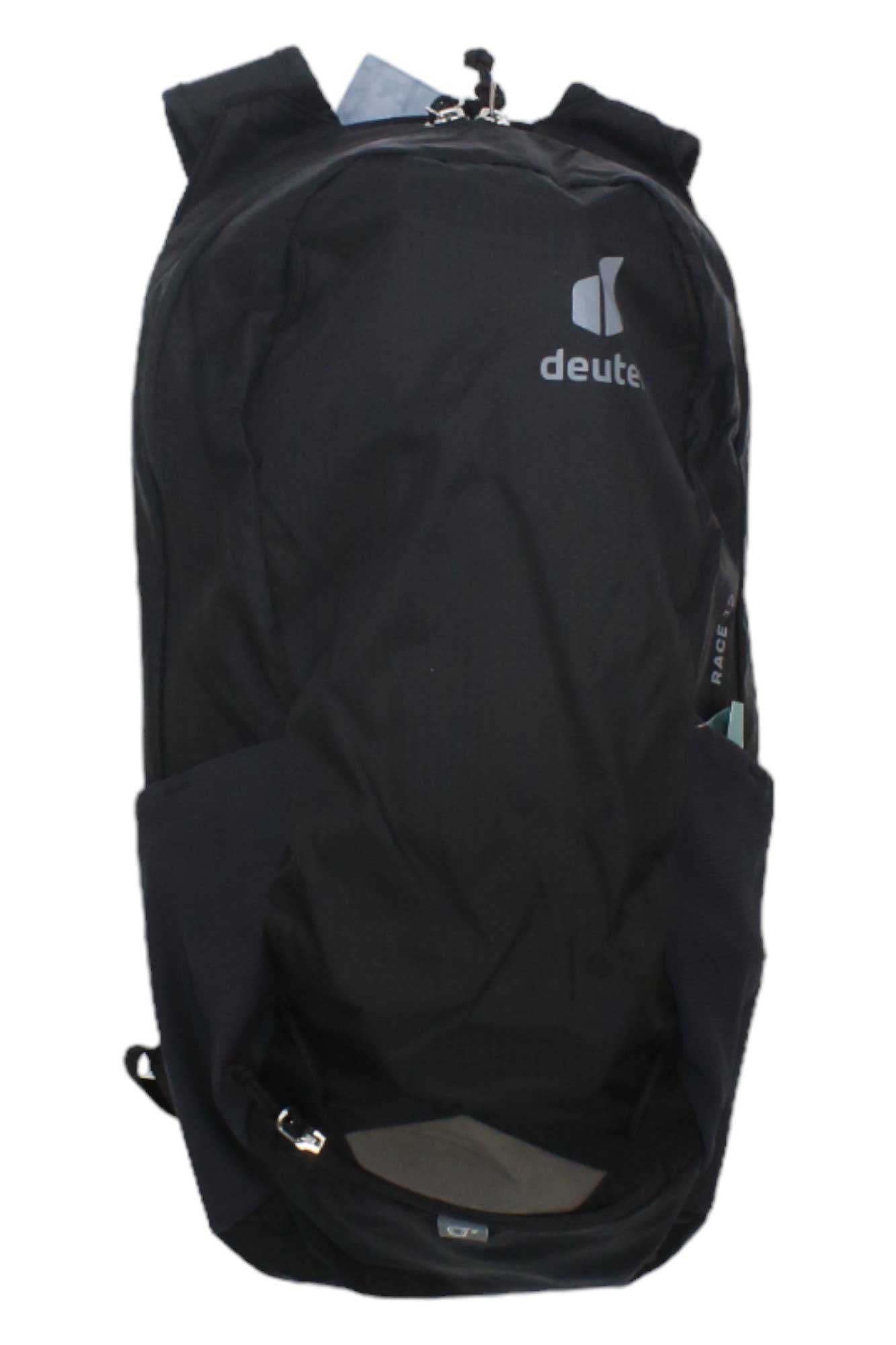The Deuter Race 12 Pack is a black bikepacking backpack with a top zipper, side pockets, the Deuter logo on the upper front, and hydration compatibility. It is shown upright against a white background.