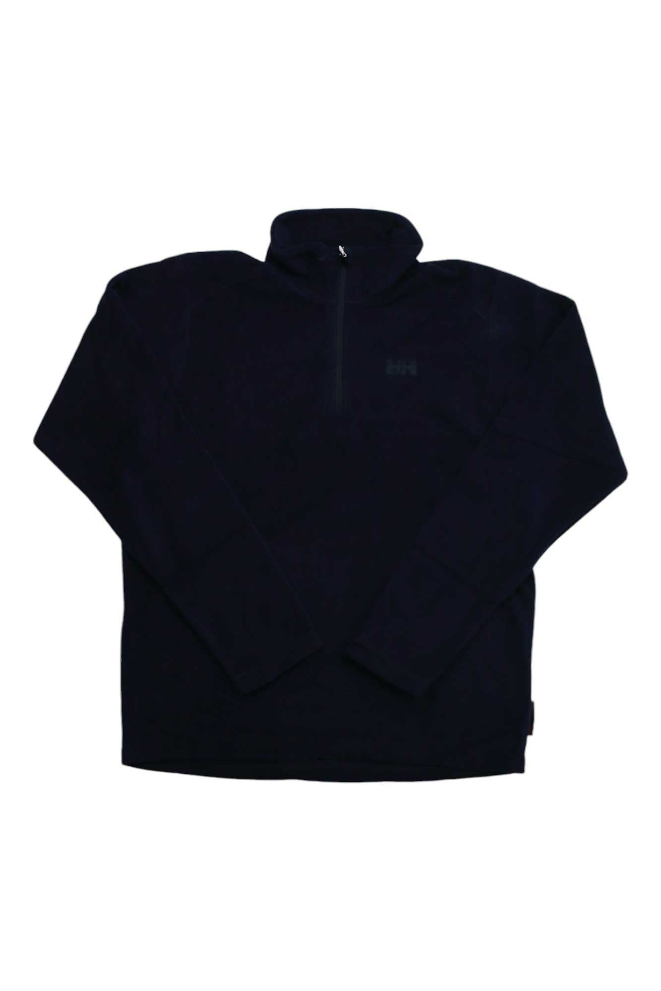 A Helly Hansen Mens Daybreaker 1/2 Zip Fleece Top in black, featuring long sleeves, a quarter-zip front, and a stand-up collar, is laid flat on a white background.