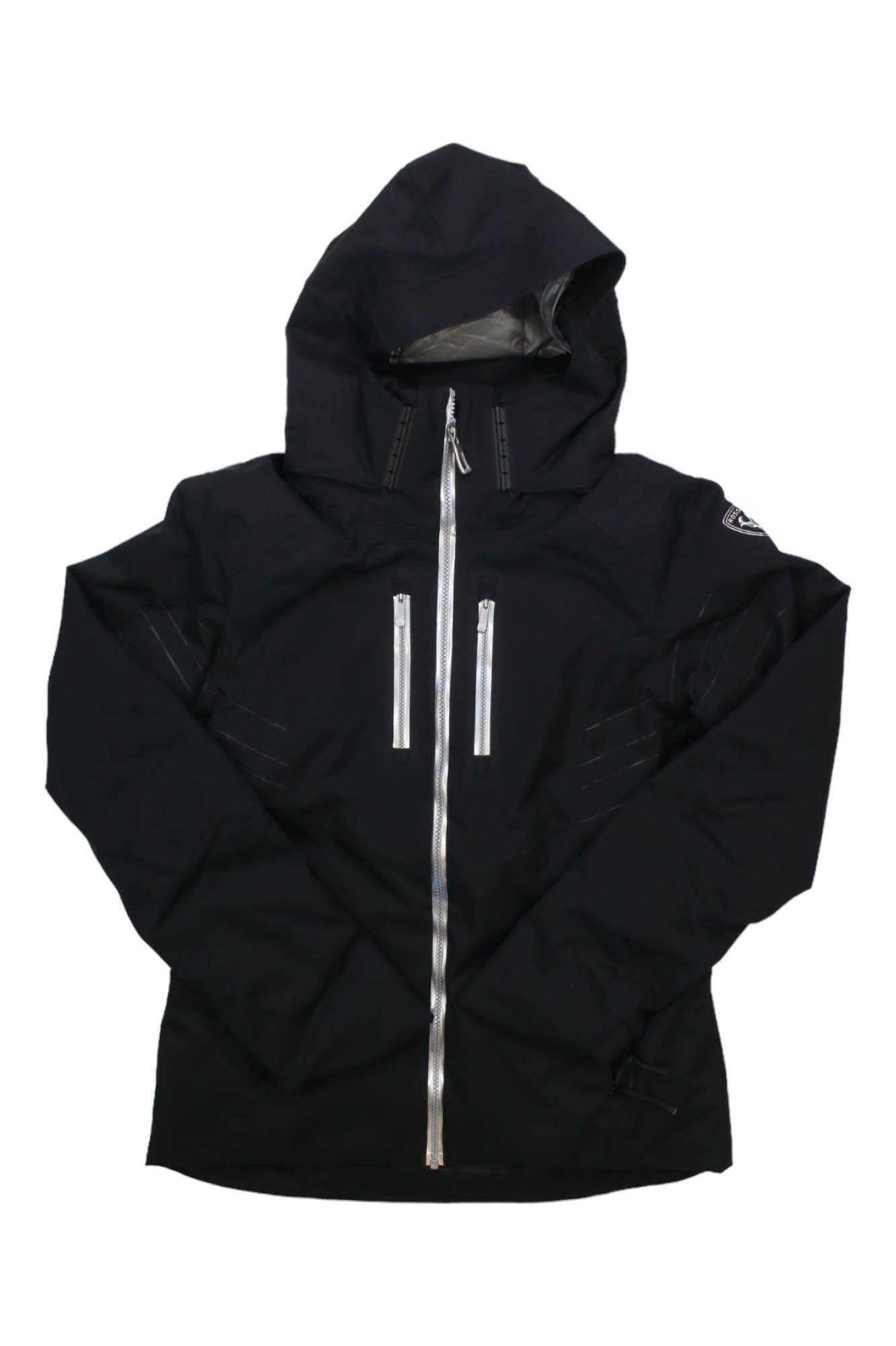 Rossignol women's course jacket, black hooded zip front with two vertical chest zips