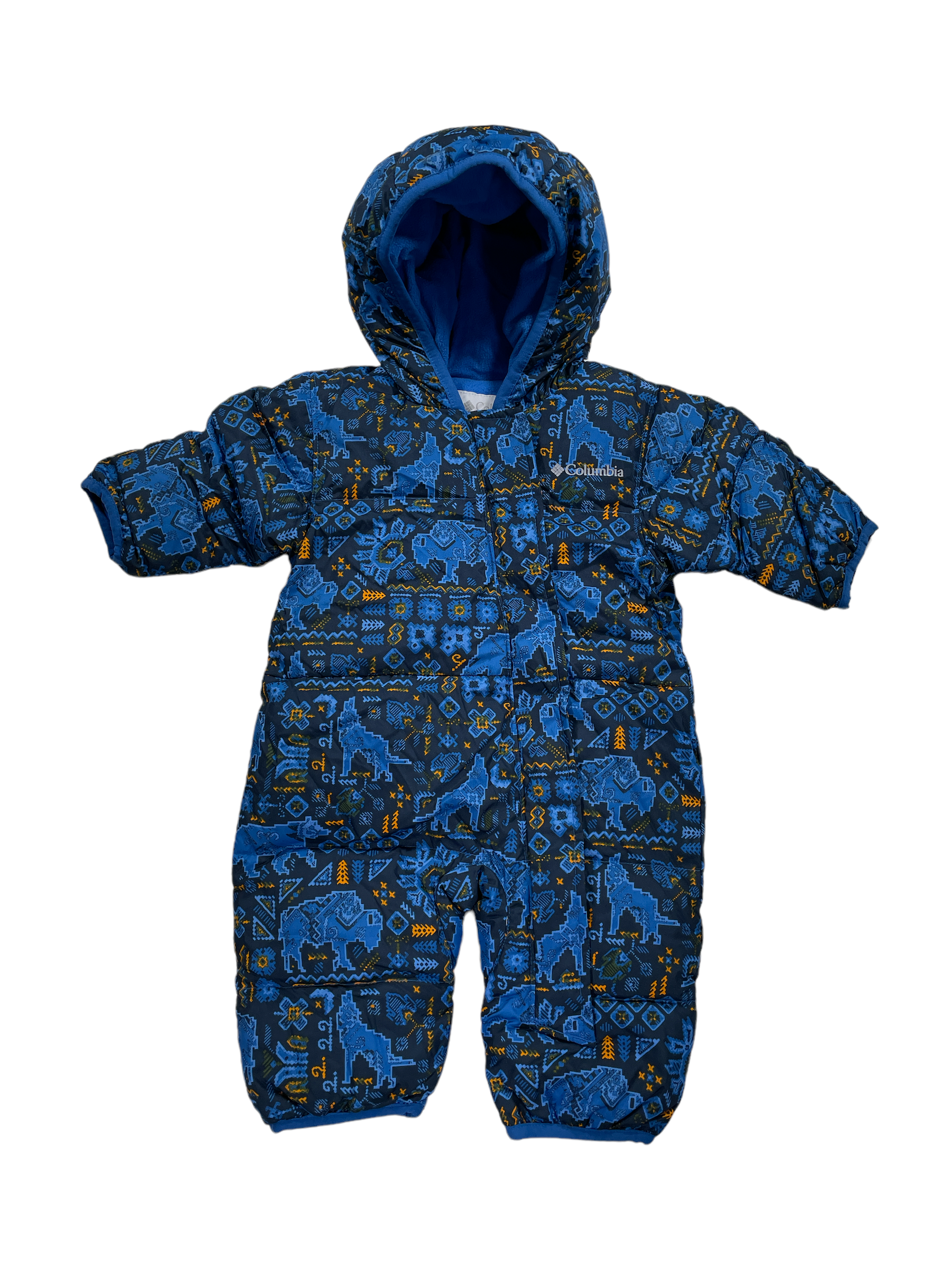 The Infant Snuggly Bunny Bunting is a blue hooded baby snowsuit with playful animal and geometric patterns in light blue and orange. Water-resistant, warm, padded, and designed for full coverage to keep little ones cozy outside.
