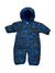 The Infant Snuggly Bunny Bunting is a blue hooded baby snowsuit with playful animal and geometric patterns in light blue and orange. Water-resistant, warm, padded, and designed for full coverage to keep little ones cozy outside.