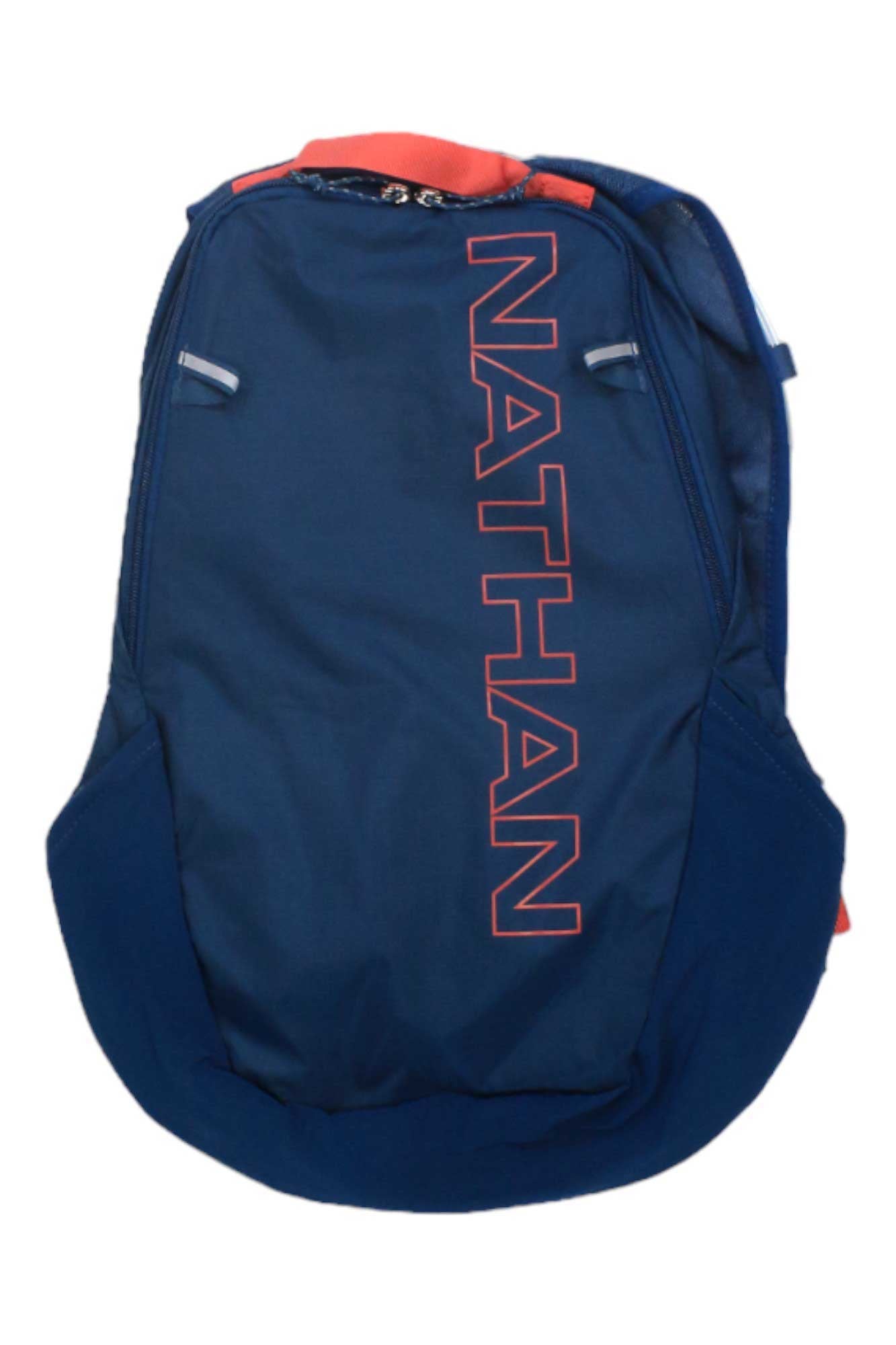 The Nathan Crossover 5L Pack is blue with "NATHAN" in red letters printed vertically on the front. It features a sleek design, side pockets, adjustable fit, and a top handle for convenience.