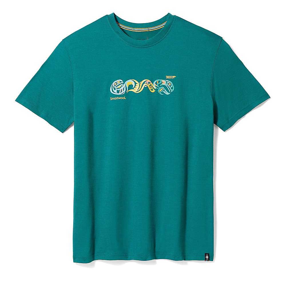 The Smartwool Sockeye Season Graphic SS Tee is a teal short-sleeve Merino wool shirt, featuring colorful chameleons and “Smartwool” text, offering moisture management and quick drying. Shirt shown laid flat on a white background.