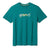 The Smartwool Sockeye Season Graphic SS Tee is a teal short-sleeve Merino wool shirt, featuring colorful chameleons and “Smartwool” text, offering moisture management and quick drying. Shirt shown laid flat on a white background.