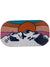 The GoggleSoc Protective Goggle Cover features a retro, graphic design of snow-capped mountains, a bold orange sun, and colorful striped sky. Made with eco-friendly materials, it's perfect for protecting your goggles in style.