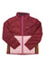 The Cotopaxi Kids Teca Calido Jacket features maroon and pink color-blocking, a front zipper, high collar, brown side accents, and an embroidered Cotopaxi logo—perfect as a stylish insulated jacket for young outdoor adventurers.
