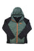 The Jack Wolfskin Mens Routeburn Pro Hybrid Jacket features a green and black design with quilted front and hood, black sleeves and sides, an orange zipper, and logo—ideal for wind-resistant comfort on outdoor adventures.