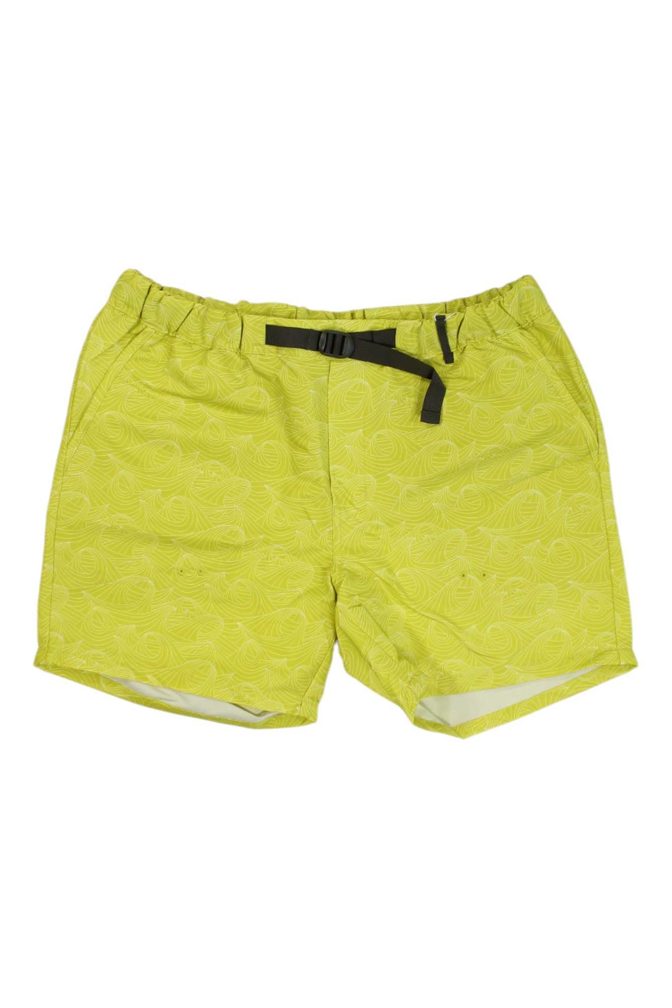 The Helly Hansen Mens Solen 6 Inch Printed Recycled Watershort features a bright yellow swirl pattern, elastic waistband, black adjustable belt, and UPF 50 protection for sun safety—shown here laid flat on white.