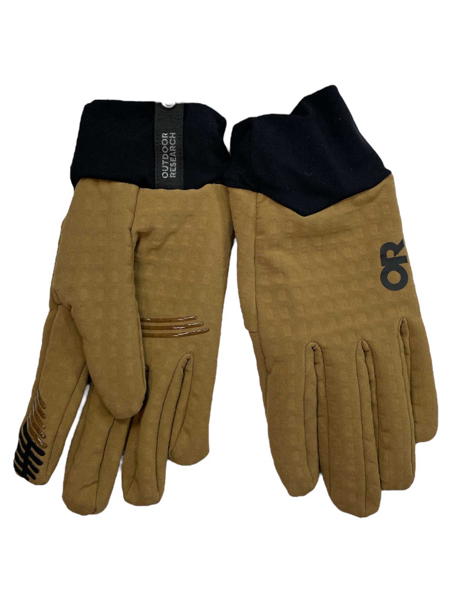 A pair of Outdoor Research Men's Vigor Heavyweight Sensor Gloves in brown with black cuffs, featuring OUTDOOR RESEARCH on the left cuff, touchscreen compatibility, grip lines on fingers, and ActiveTemp technology for comfort.