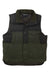 Filson men's down cruiser vest in dark green with black shoulders and stand collar