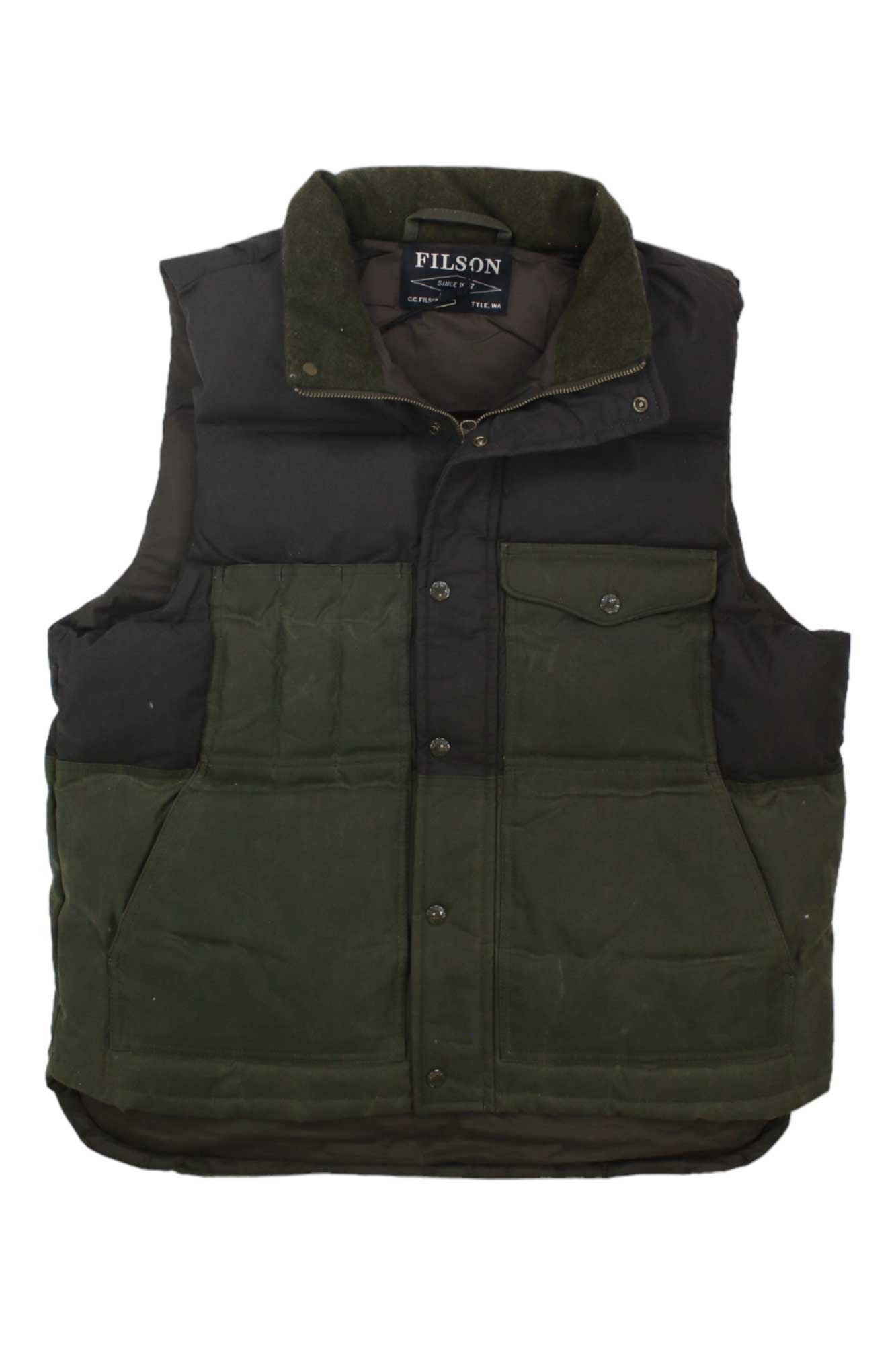 Filson men's down cruiser vest, green body with black upper yoke and button front