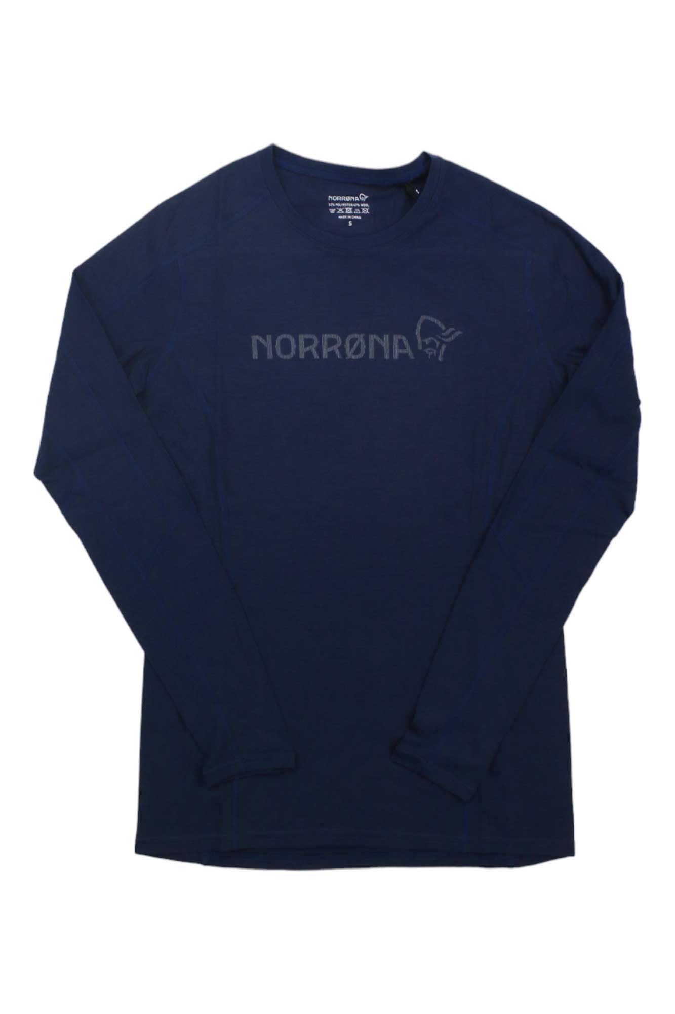 Women’s Norrona merino round-neck top, deep navy blue with logo on upper chest