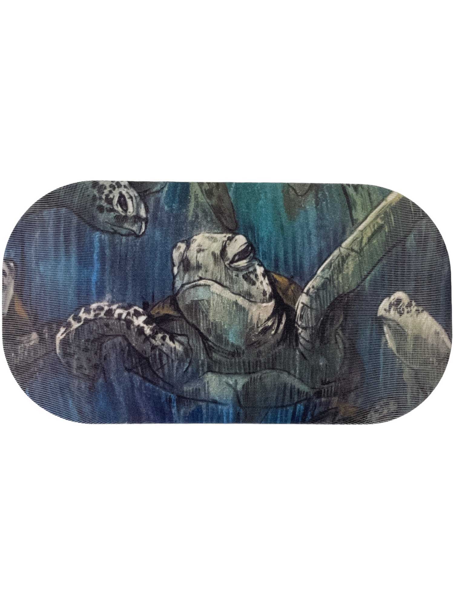 Illustration of sea turtles swimming in green, blue, and gray tones with a central turtle—an ideal design for the GoggleSoc Protective Goggle Cover to shield your lenses and highlight marine beauty in an eco-friendly way.