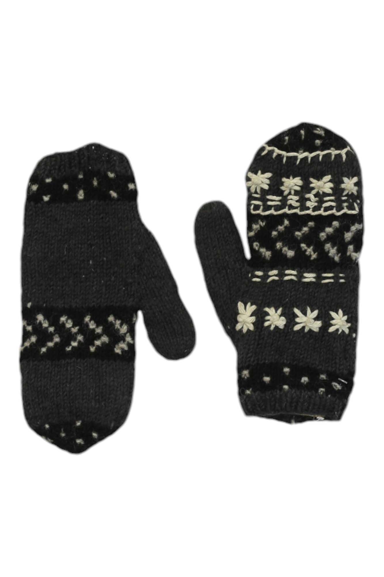 Lost Horizons Women's Midori Mittens: Knitted dark grey fleece-lined mittens featuring cream snowflake and zig-zag patterns inspired by Japanese Sashiko embroidery.