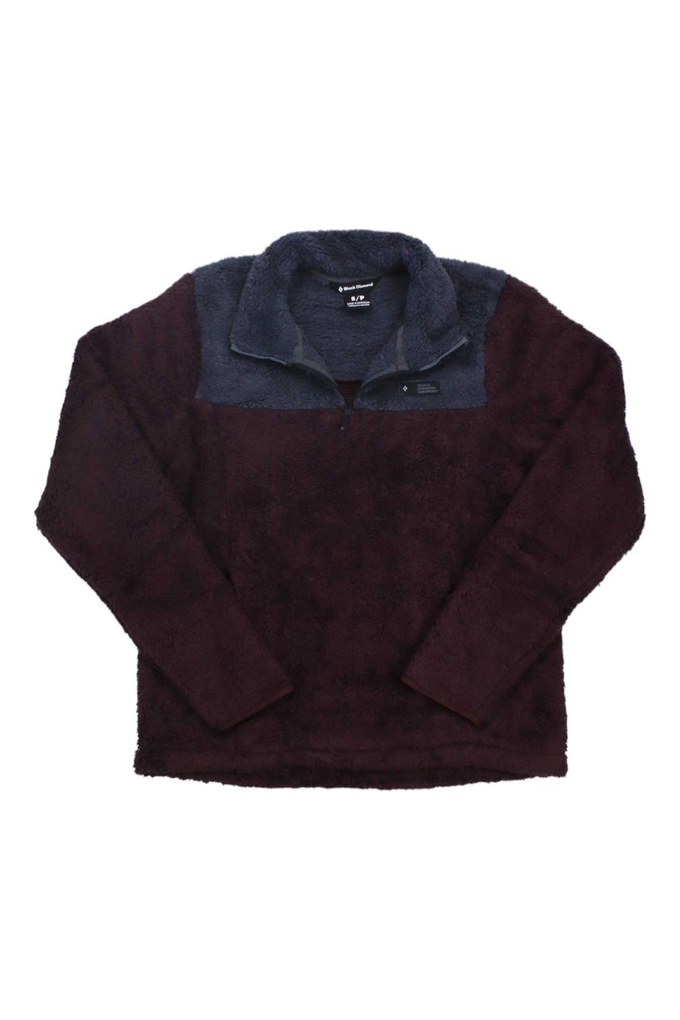 Stay cozy in the Black Diamond Womens Roadie 1/4 Zip Fleece—a long sleeve pullover with a dark maroon body, contrasting dark gray chest and shoulders, and a half-zip collar—ideal for chilly days.