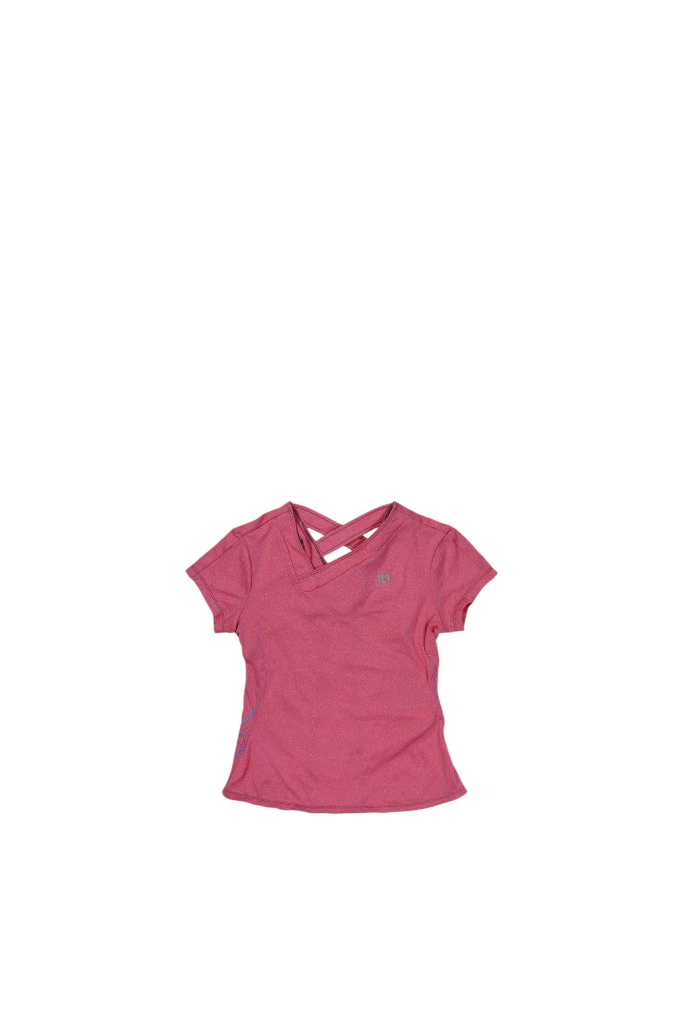 The Pearl Izumi Womens Aurora Short Sleeve Shirt is a pink, fitted tee featuring short sleeves and a crisscross neckline, inspired by women’s cycling jerseys, displayed on a white background.