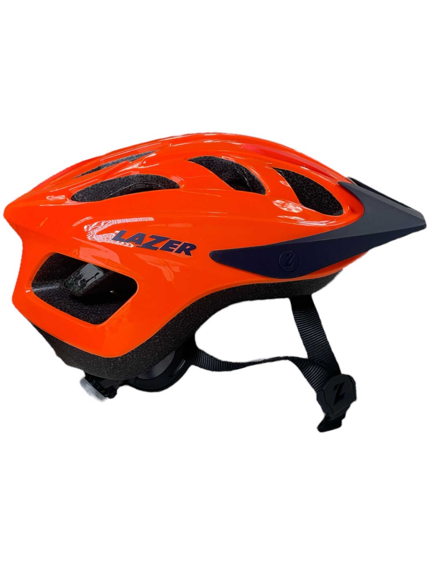 Lazer kids J1 bike helmet, glossy orange with black vents and chin straps