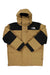 Men's insulated parka with hood, tan and black color-blocking, full front zip