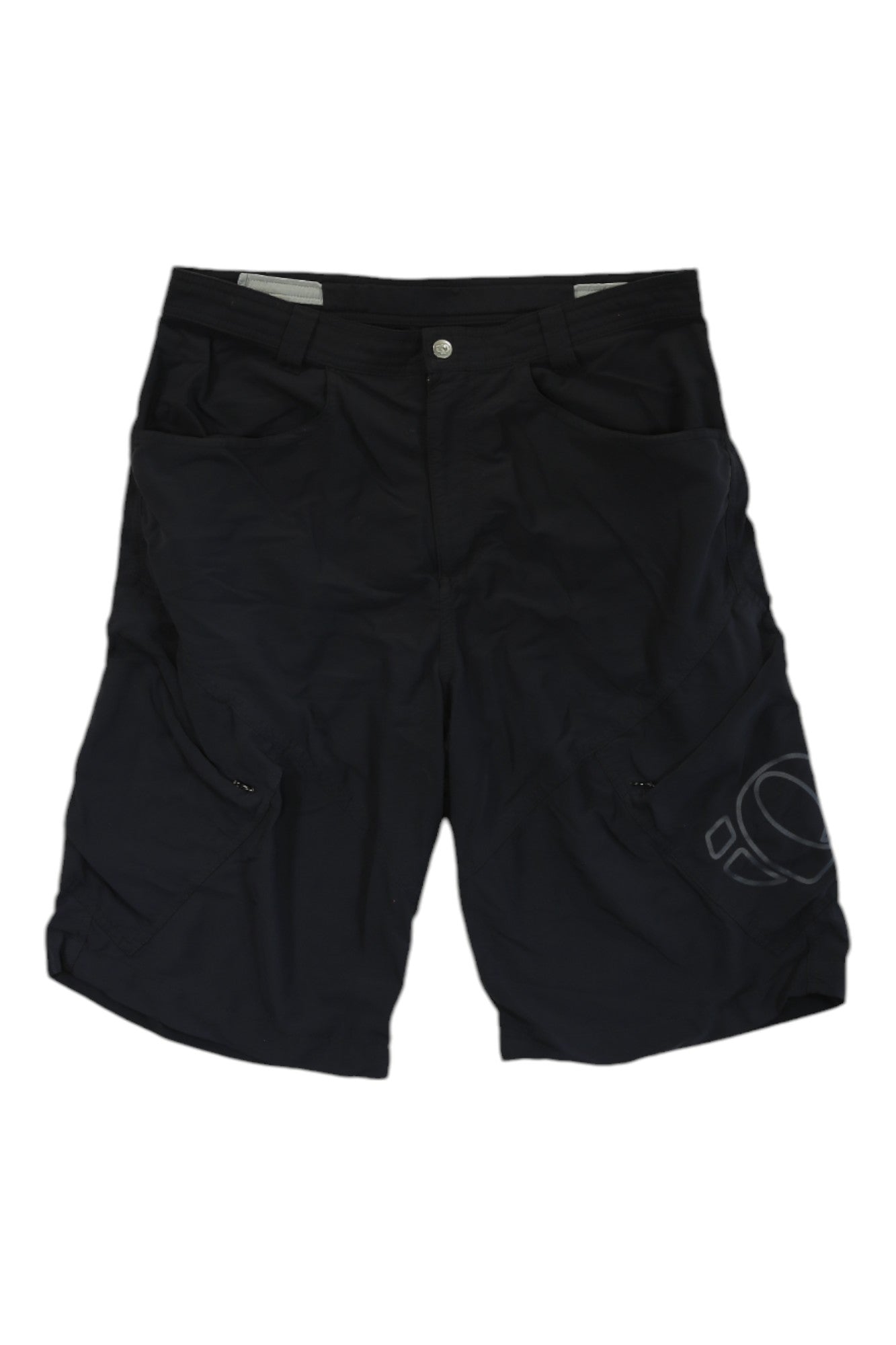 Pearl Izumi Womens Cycling Shorts in black with side pockets and a subtle geometric design on one leg, shown on a white background; ideal for women seeking versatile cycling apparel.