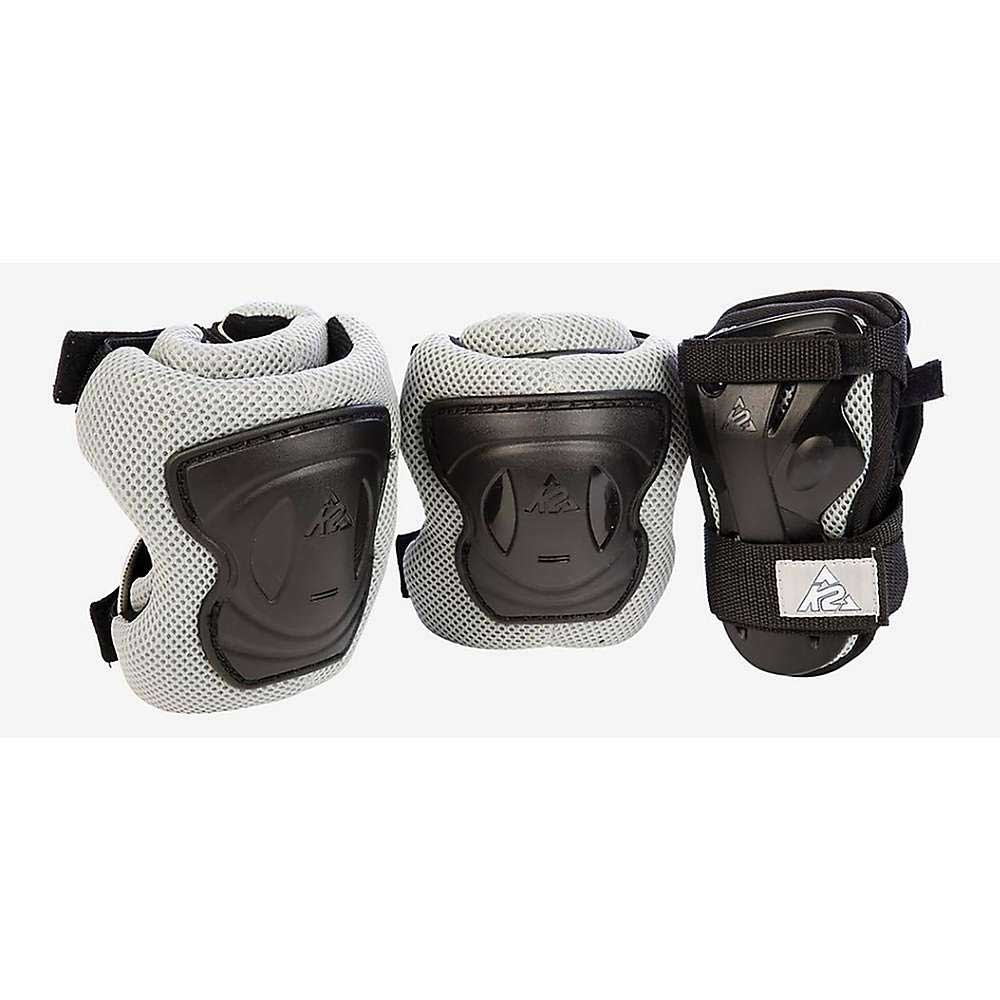 The K2 Moto Mens Pad Set includes three black and gray pads—two knee or elbow pads and one wrist guard—with breathable mesh for comfort during skating or biking, shown on a white background.