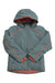 The Spyder Girls Conquer Jacket is a teal ski jacket with coral lining and accents, PrimaLoft Black ECO insulation, two front zippered pockets, long sleeves, and is shown laid flat with the hood up and sleeves crossed.