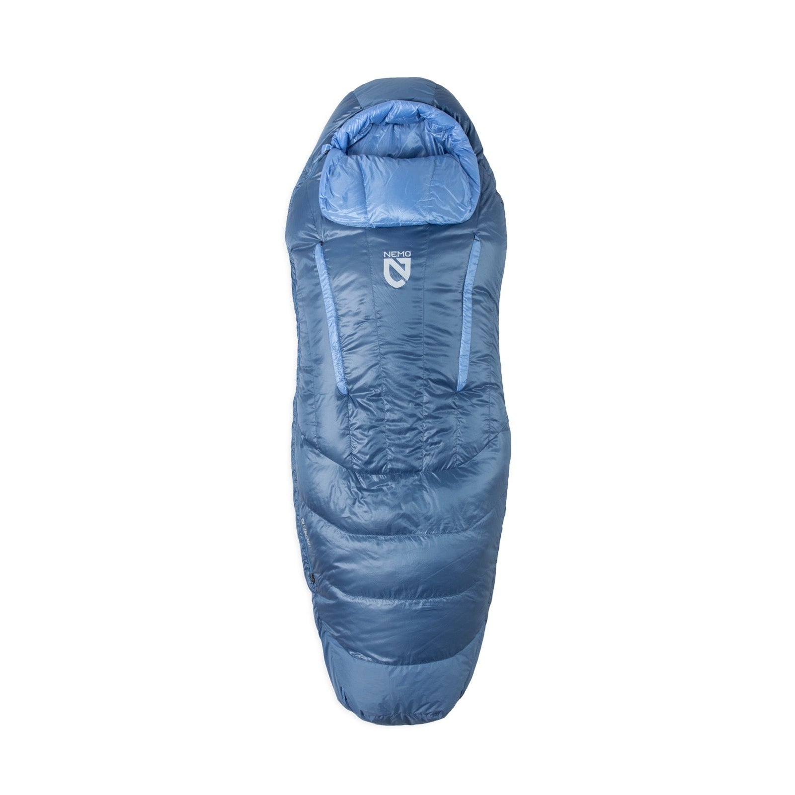 A blue Nemo Women’s Disco 30 Sleeping Bag, mummy-shaped with a hood, chest logo, front zipper, and quilting, shown from above. Designed for backpacking comfort and side-sleeping.