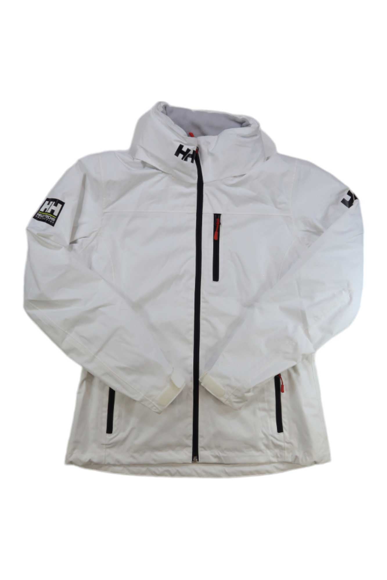 The Helly Hansen Women's Crew Hooded Midlayer Jacket is a white waterproof jacket with black zippers, high collar, and chest and sleeve logo patches, shown on a plain white background. Perfect for outdoor adventures.
