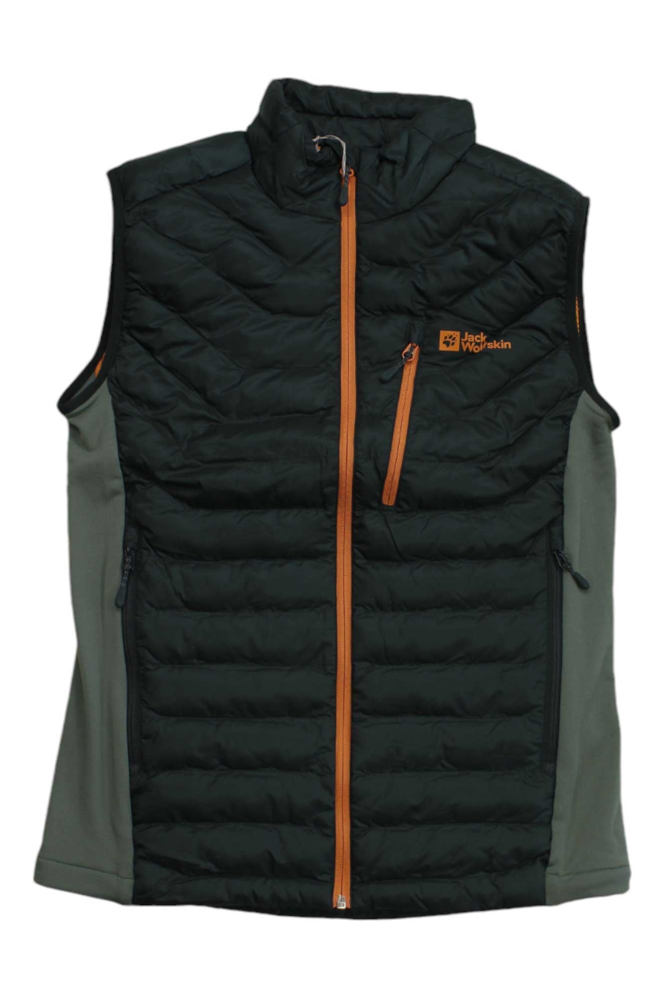 The Jack Wolfskin Men's Routeburn Pro Ins Vest is a sleeveless dark green insulated vest with orange zippers, a chest logo, windproof synthetic fiber fill, two side pockets, and a high collar.