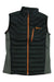 The Jack Wolfskin Men's Routeburn Pro Ins Vest is a sleeveless dark green insulated vest with orange zippers, a chest logo, windproof synthetic fiber fill, two side pockets, and a high collar.