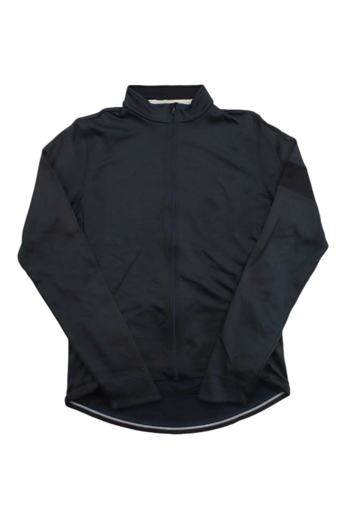 The Rapha Mens Classic Long Sleeve Jersey is a dark, long-sleeved cycling top with a front zipper, stand-up collar, and curved hem, shown laid flat on a white background for comfort and style.