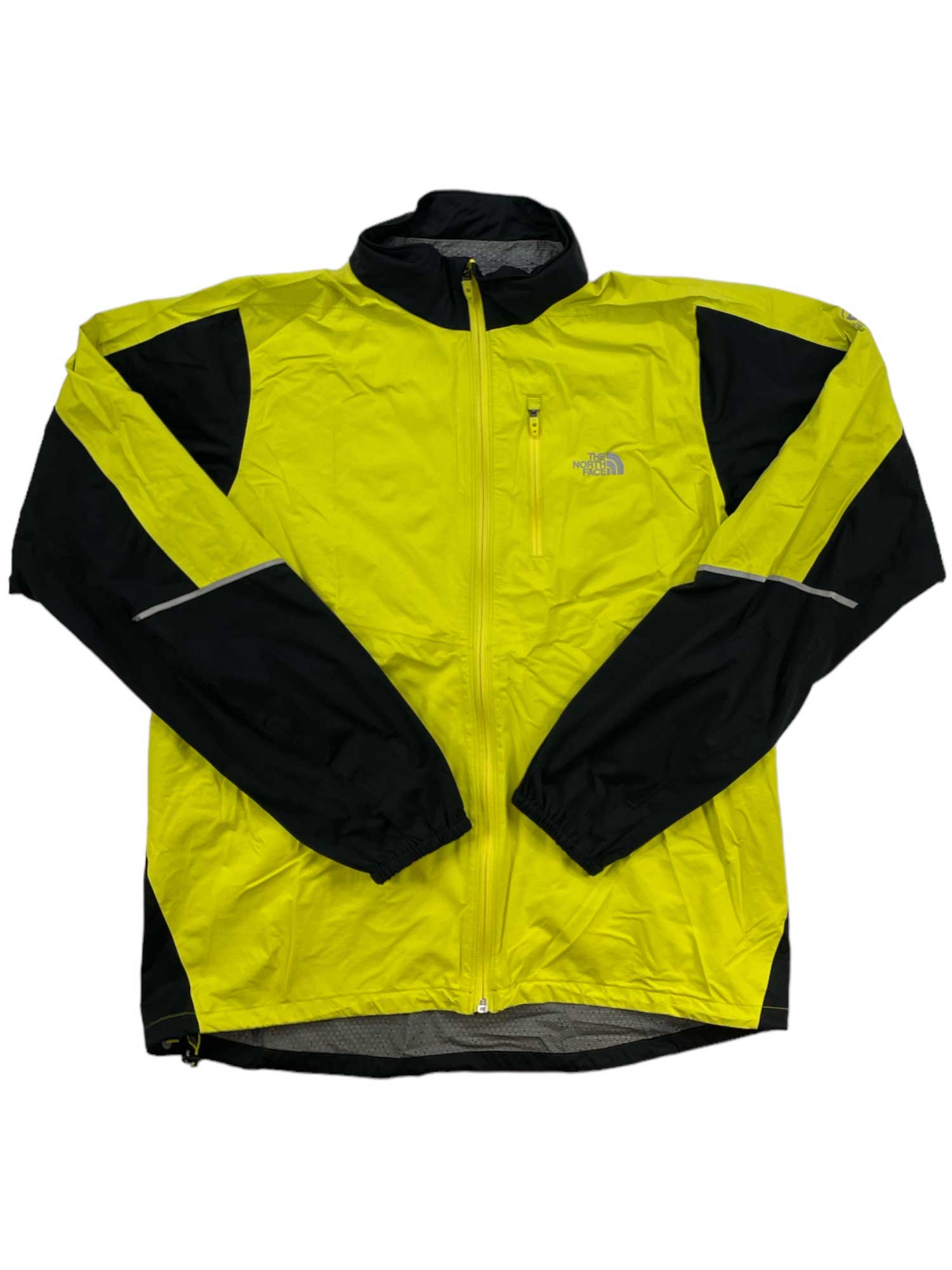 Men's running jacket in neon yellow with black panels, full-zip, hood
