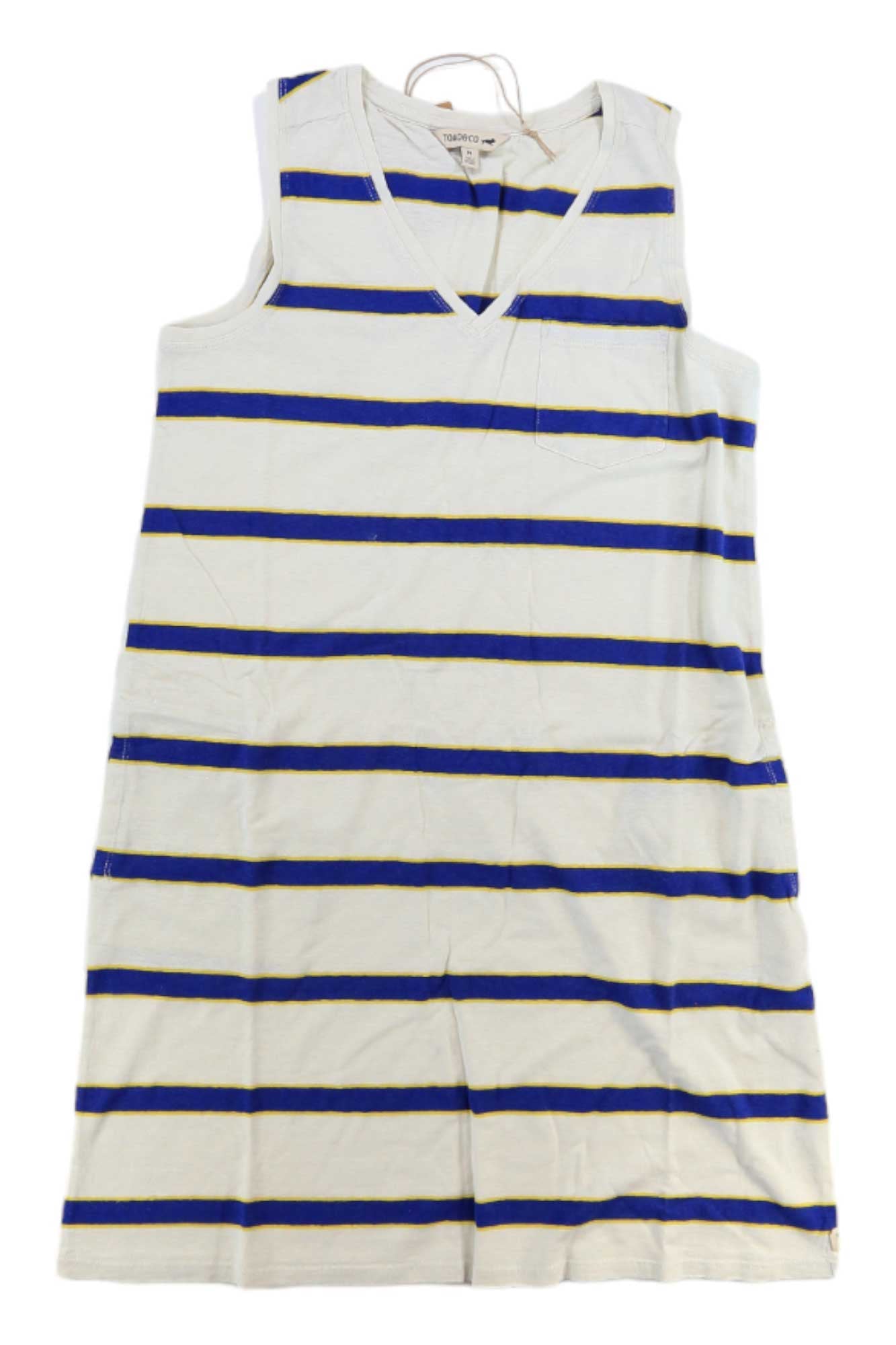 Toad & Co Womens Grom Tank Dress: Sleeveless white organic cotton dress with blue and yellow stripes, V-neckline, straight fit. Perfect as a stylish women’s travel dress for any destination.