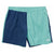 The Mens Class V Pull On Short features a two-tone design in navy and light turquoise, an elastic waistband, water-repellent recycled nylon, side pockets, relaxed fit, and The North Face logo on the lower right leg.