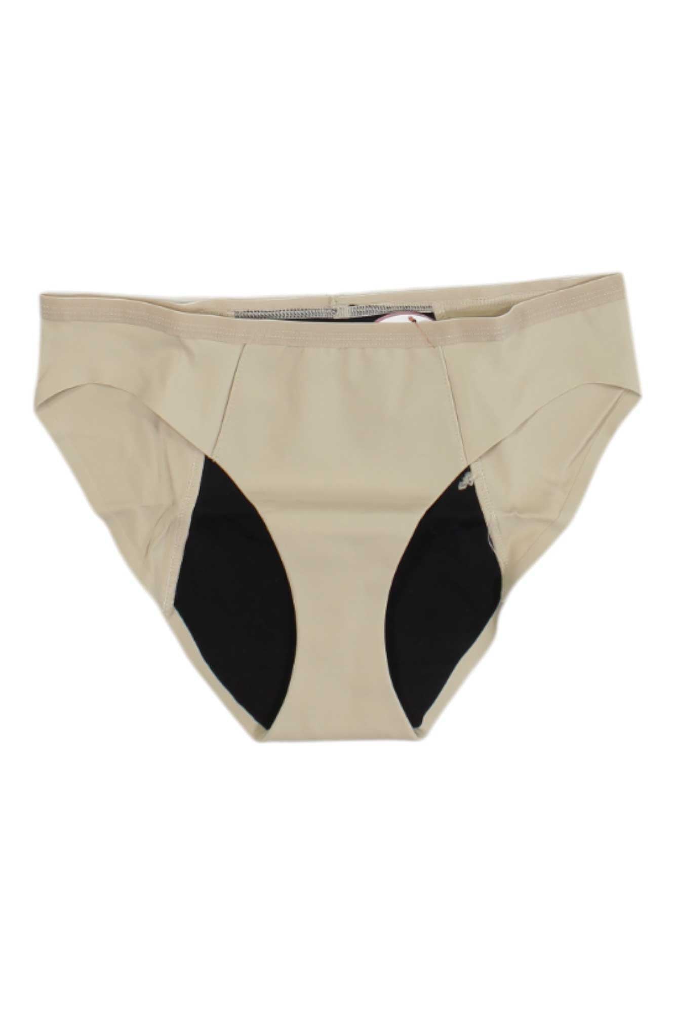 Proof Women's Period & Leak Proof Bikini in beige, featuring black moisture-wicking lining at the crotch and inner thighs, shown flat on a white background.