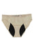 Proof Women's Period & Leak Proof Bikini in beige, featuring black moisture-wicking lining at the crotch and inner thighs, shown flat on a white background.