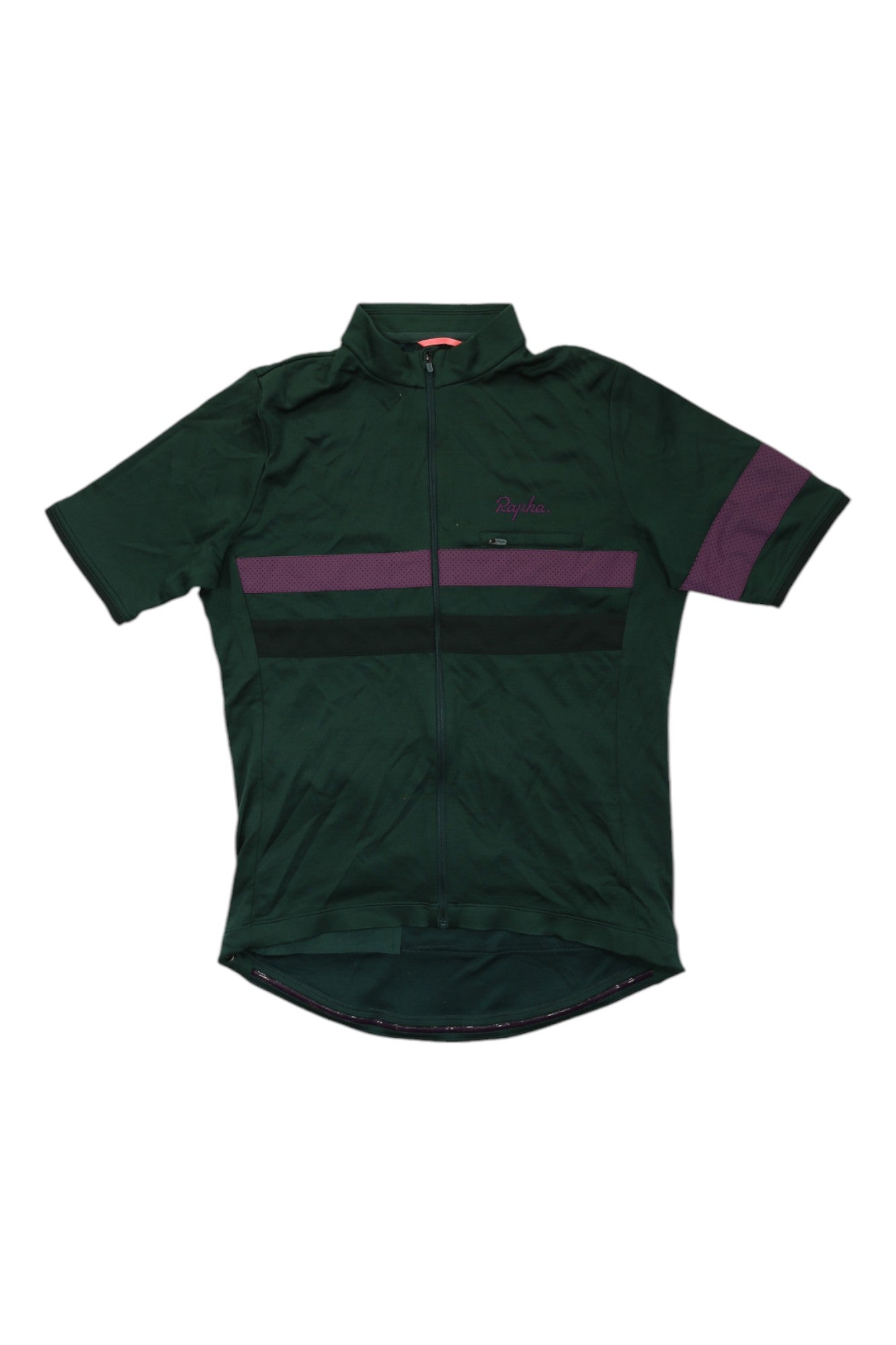 The Rapha Brevet Jersey II is a short-sleeve, dark green merino cycling jersey with purple and black chest stripes, a full front zipper, and an extended back hem—perfect for comfort and style on long rides.