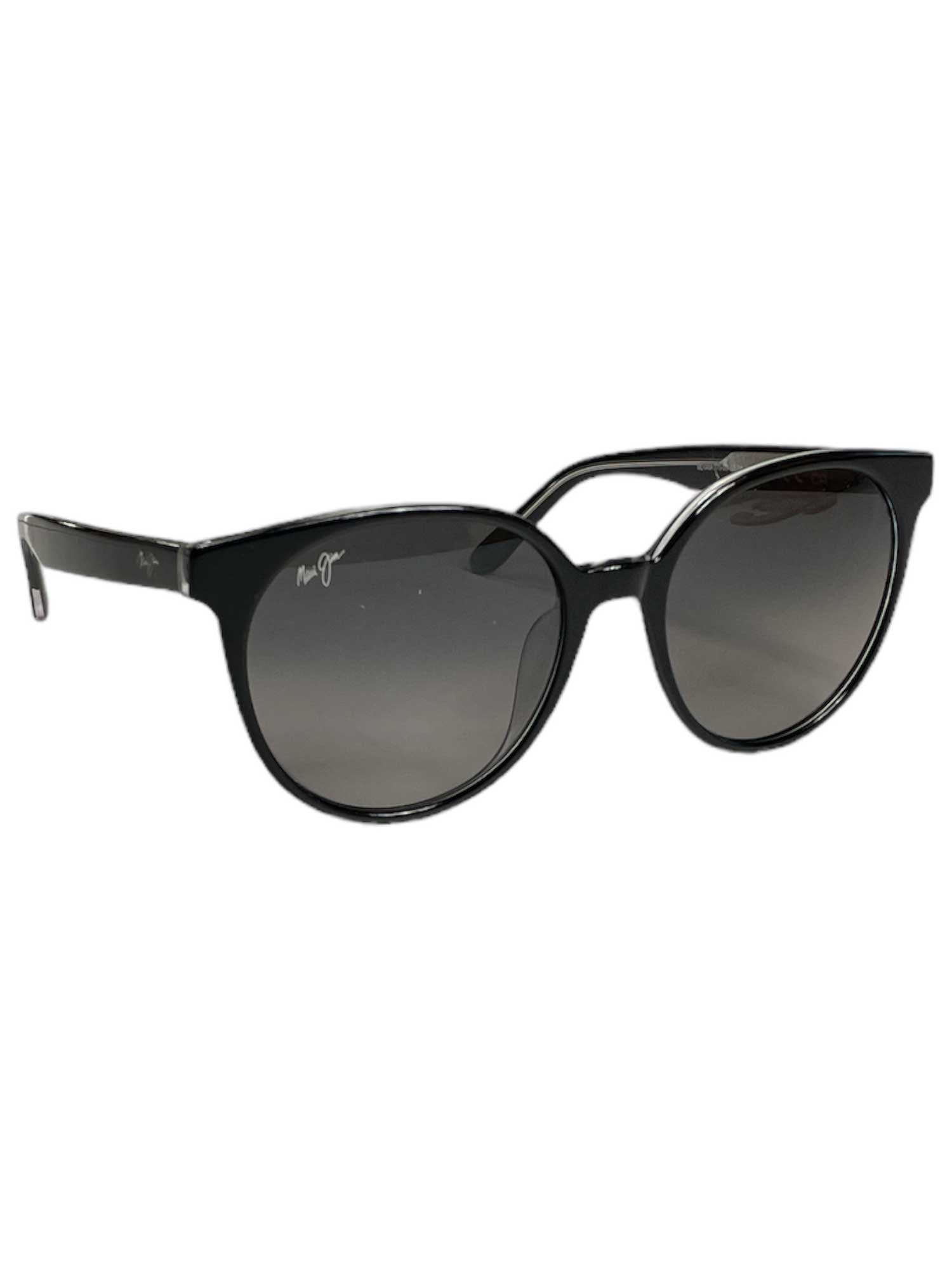 Maui Jim Mehana sunglasses feature black round frames, dark-tinted SuperThin Glass lenses with a glossy finish, and a small white signature logo on the upper left of the left lens.