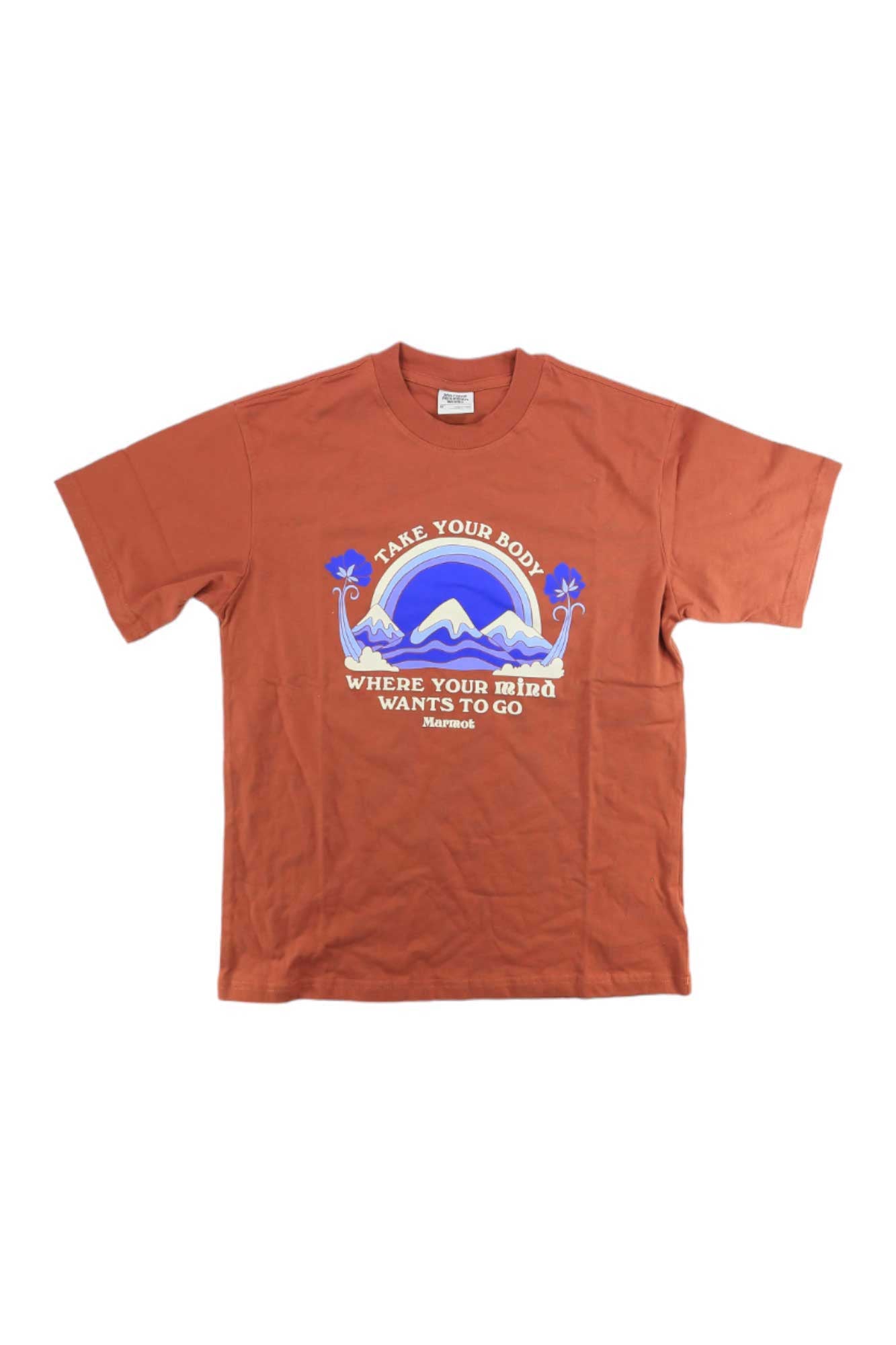 The Marmot Mental Health Heavyweight Short-Sleeve T-Shirt is rust-colored with blue waves, white “TAKE YOUR BODY WHERE YOUR mind WANTS TO GO Mammoth” text, and small blue flowers. This unisex cotton tee is stylish and comfortable.