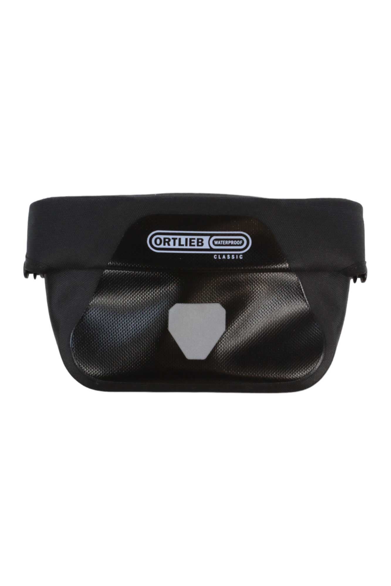 Black handlebar bag with top flap and textured front pocket, Ortlieb logo patch