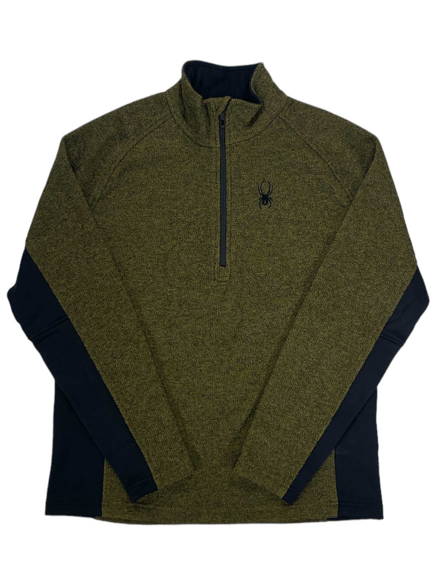 Mens half-zip pullover with olive body and black long sleeves, half-zip collar