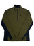 Mens half-zip pullover with olive body and black long sleeves, half-zip collar