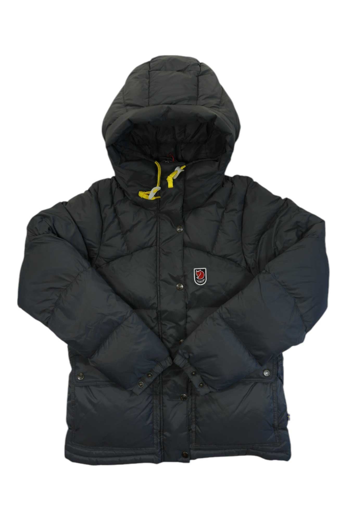Black hooded puffer jacket with button front, yellow drawcord, chest shield logo.