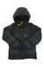 Black hooded puffer jacket with button front, yellow drawcord, chest shield logo.