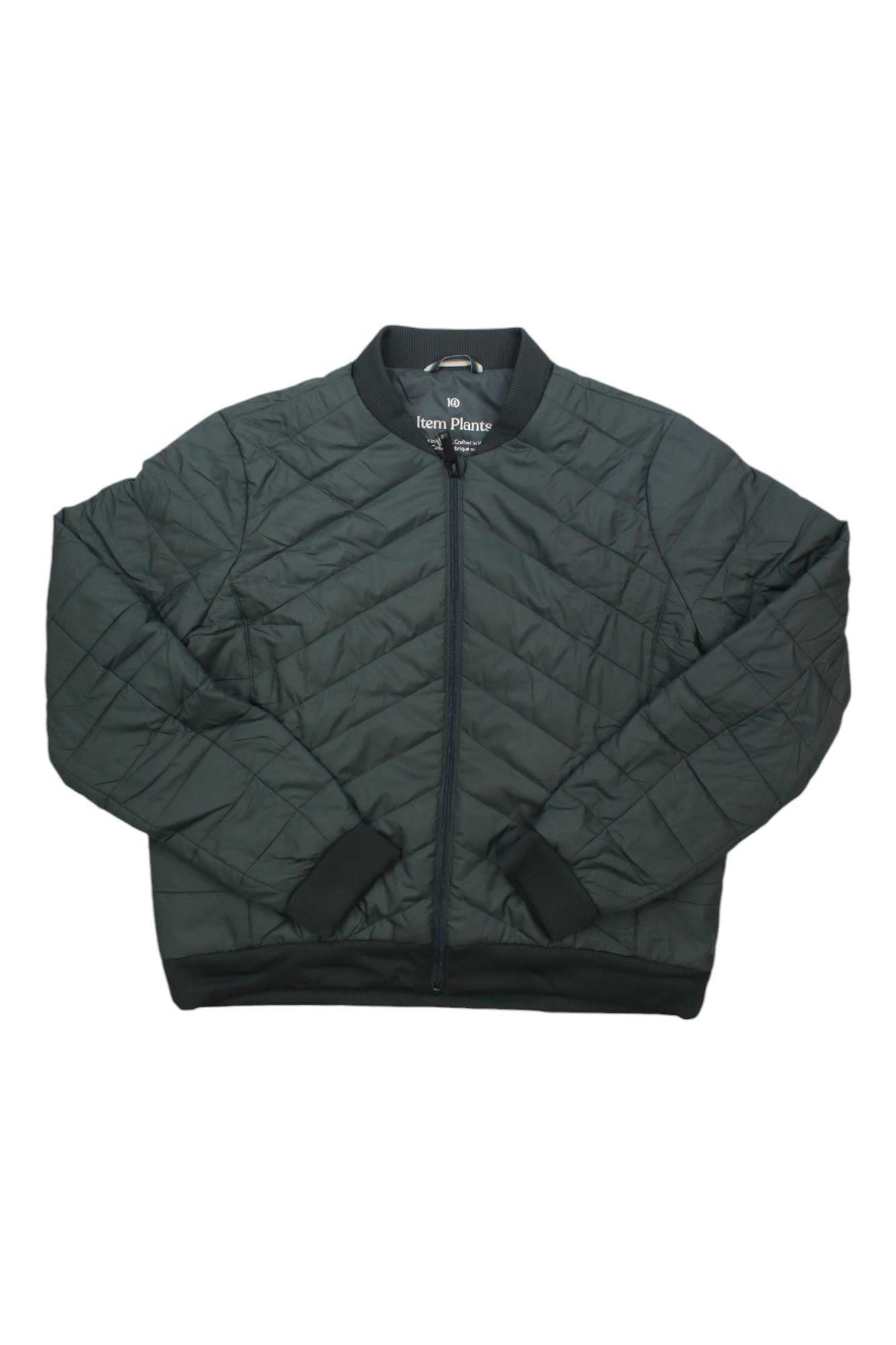 Women's dark green quilted bomber jacket, full-zip front, ribbed collar and cuffs