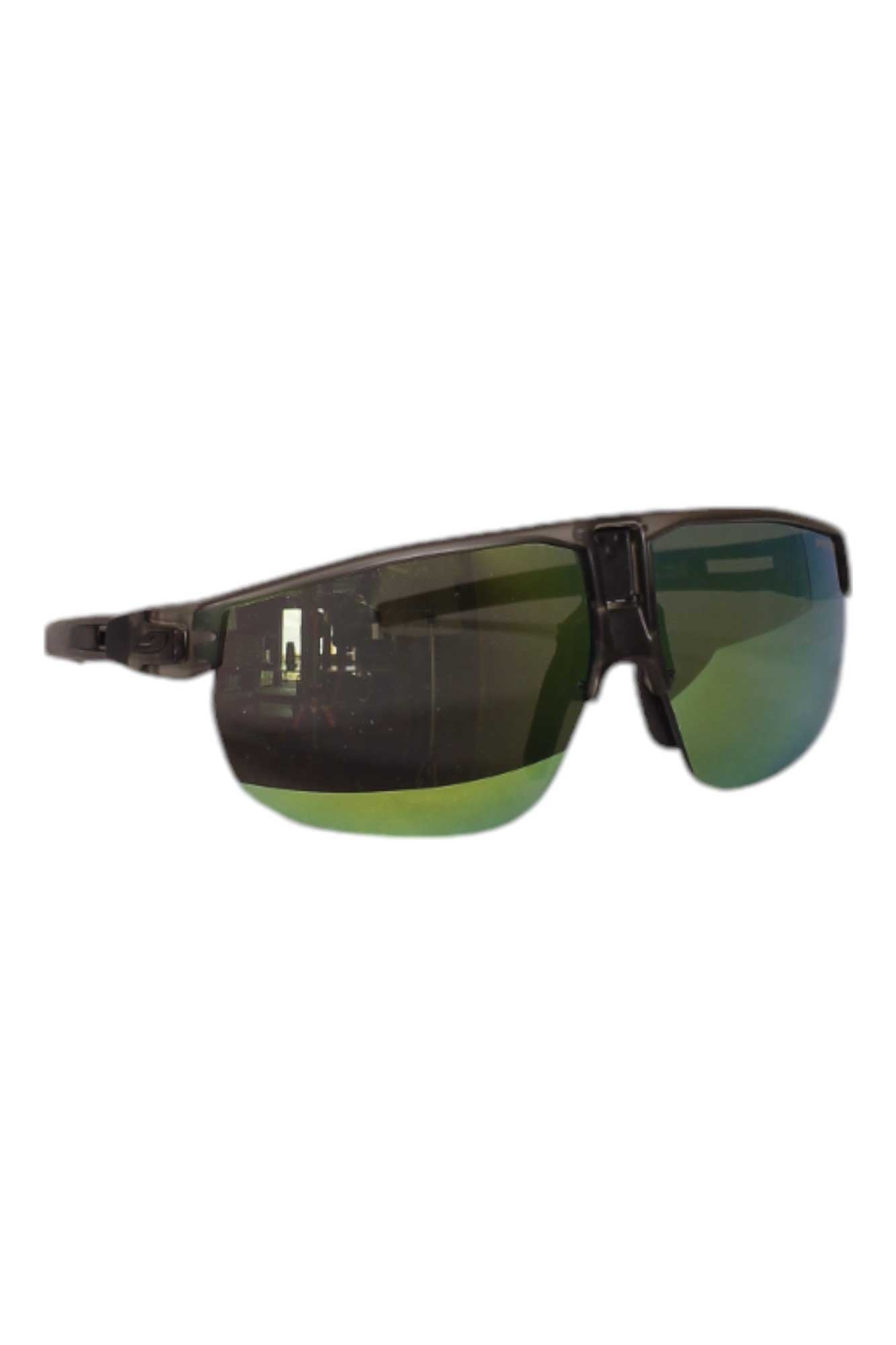 Julbo Rival Sunglasses feature a sporty wraparound black frame and mirrored green-tinted panoramic lenses, shown isolated on a white background.