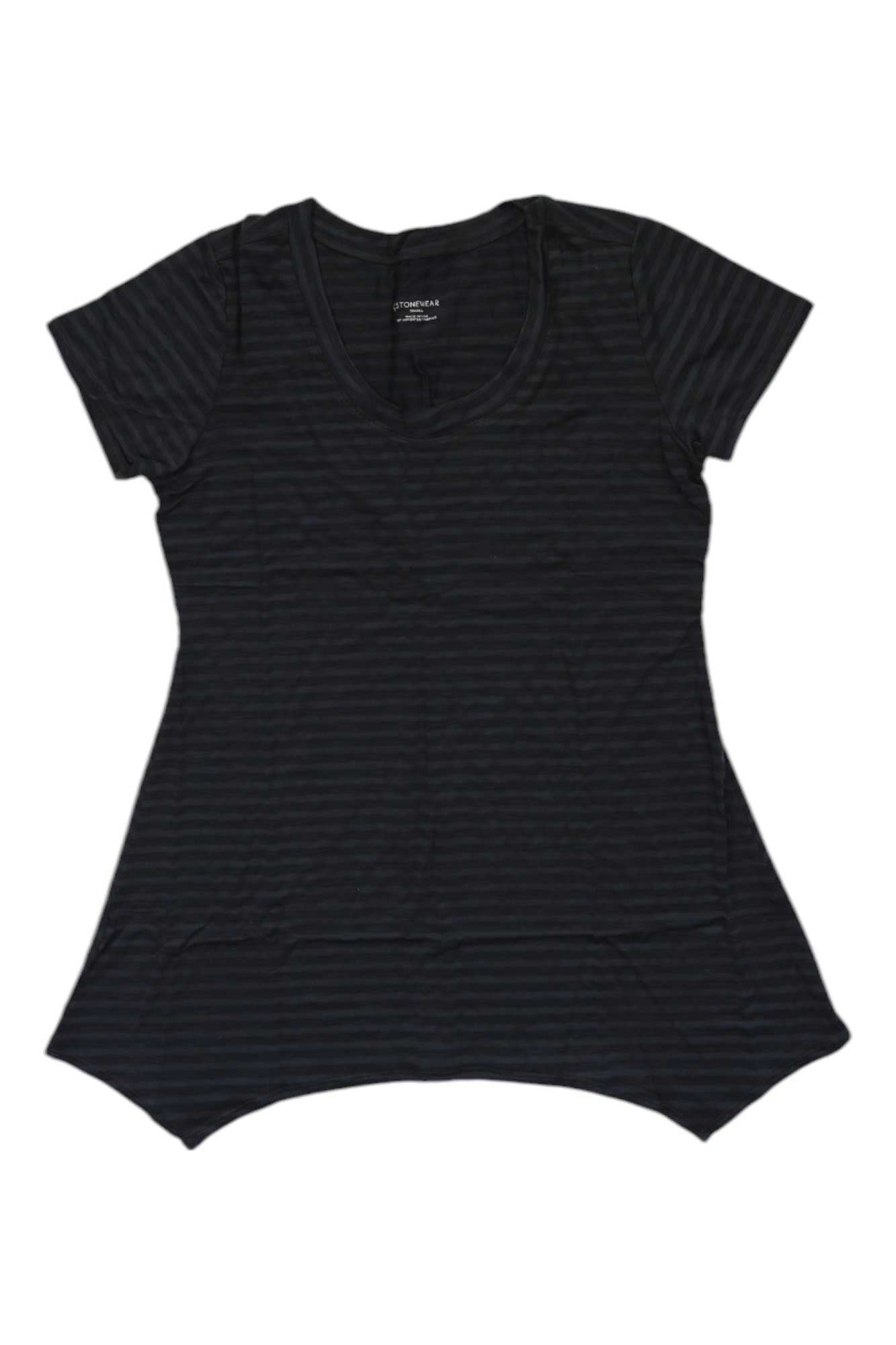The Stonewear Designs Womens Iris Tee is a short-sleeved top with black and dark gray stripes, an asymmetrical hem, and a slightly flared fit—perfect for versatile outdoor adventures. Shown laid flat on a white background.
